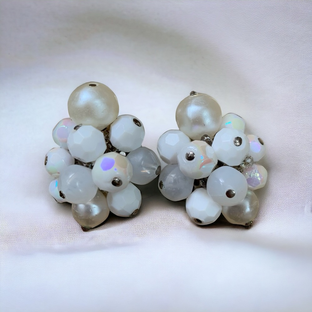 Vintage Lovely West Germany White AB Beaded Cluster Clip On Earrings